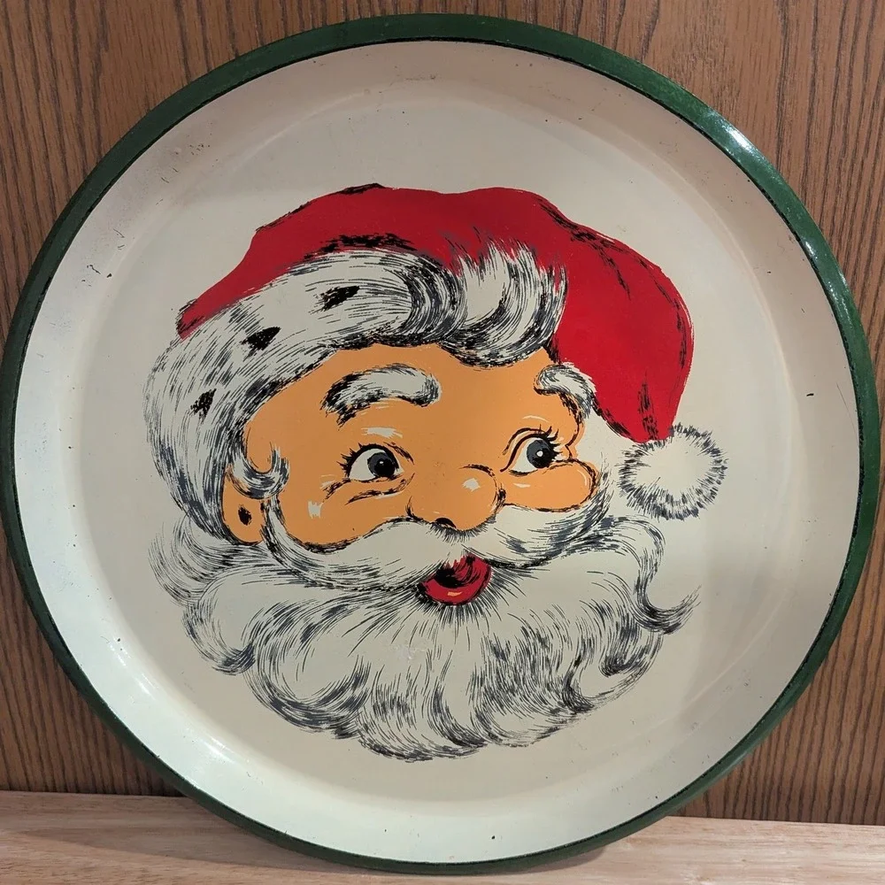 Vintage 1960s Santa Claus Serving Tray Round Christmas Retro Holiday Decor Japan